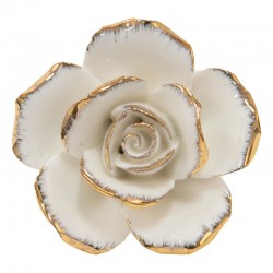Kerámia bútorgomb, fehér rózsa - arany szegély (5 cm)